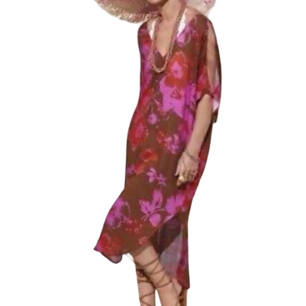 Cabi Tahitian Cover Up Floral Print Cold Shoulder Brown Pink Red Bohemian XS/S